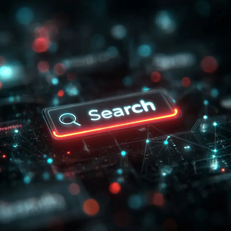 A futuristic neon interface showing a glowing search bar with the word "Search" inside