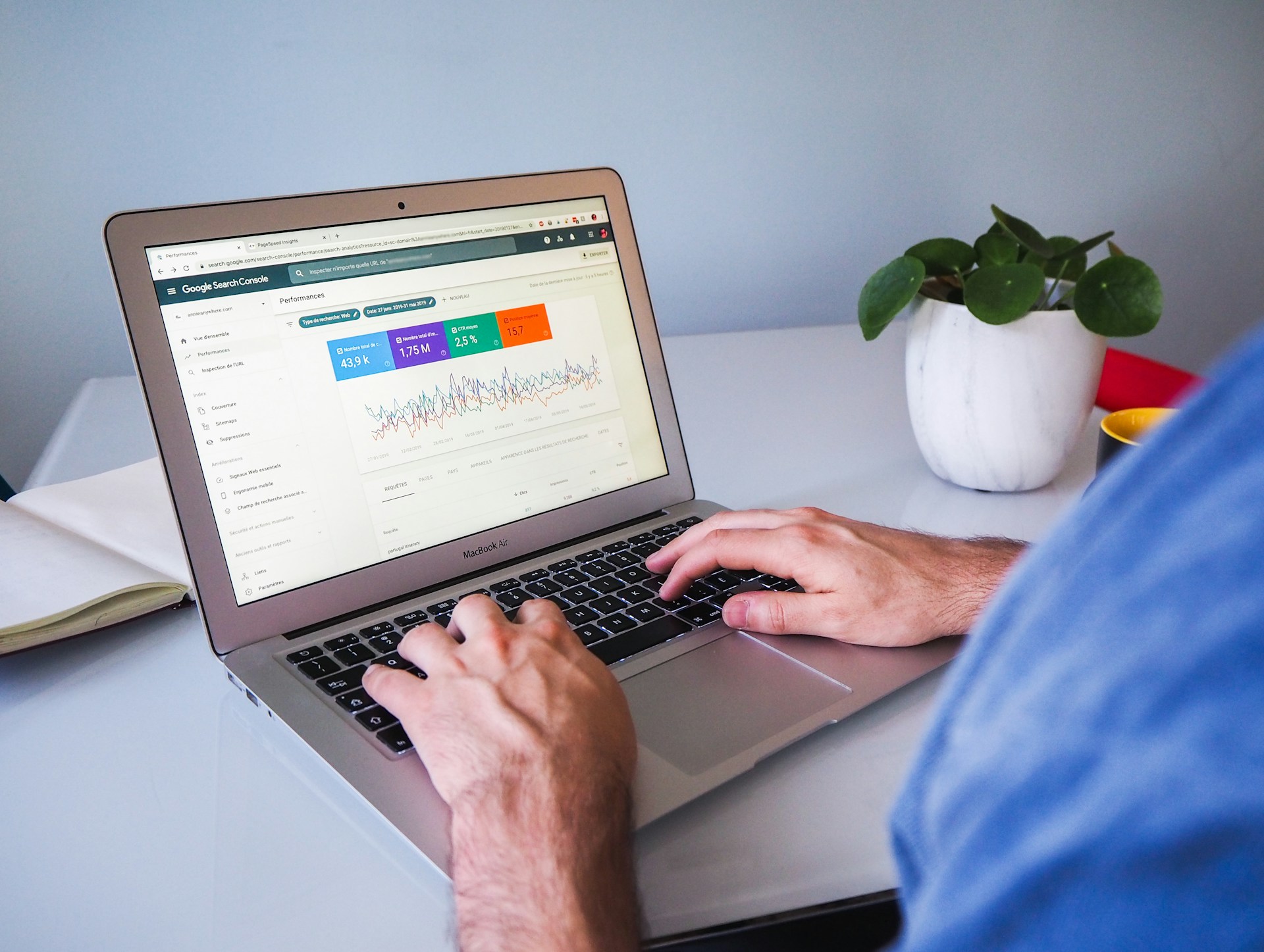 Laptop showing Google Search Console performance data.”